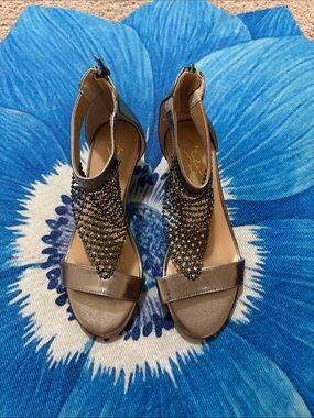 Thalia Sodi Metallic Taupe Beaded T-Strap Heels never worn